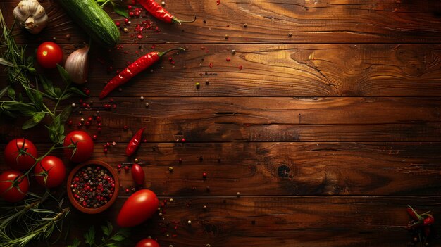 Wooden cooking background Spices and vegetables Top view