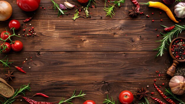 Wooden cooking background Spices and vegetables Top view