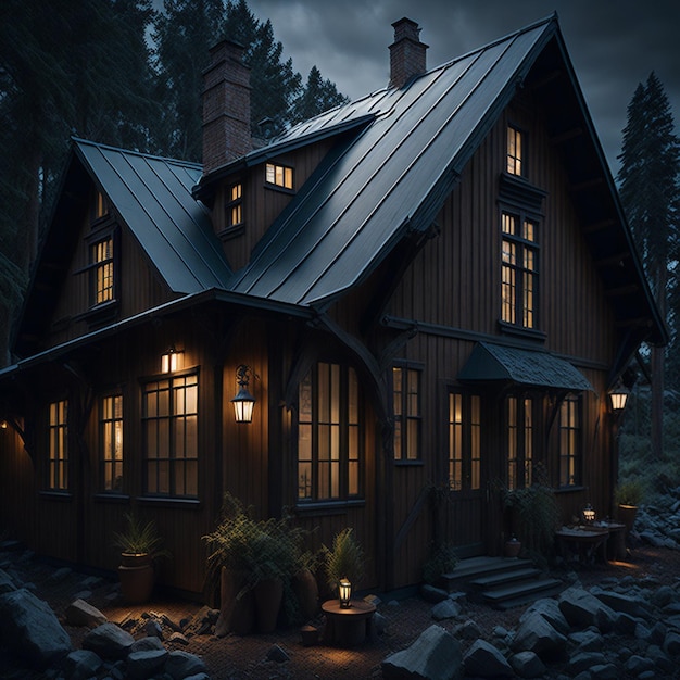 Wooden cottage in the forest at night