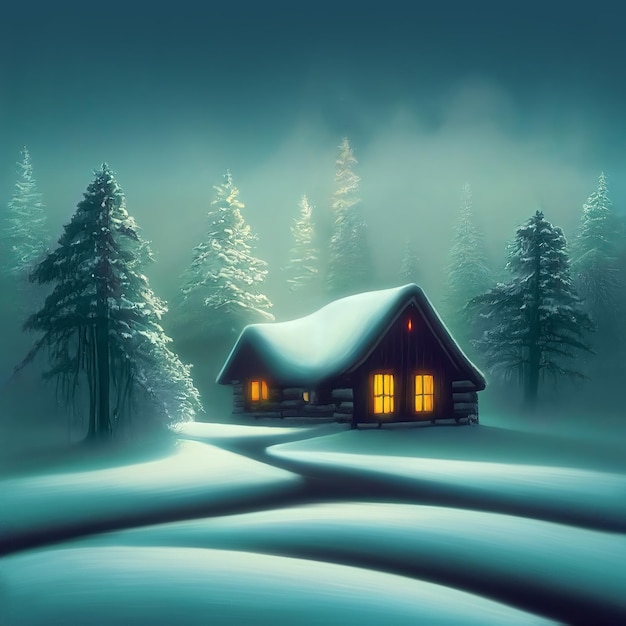 Wooden cottage in wilderness winter landscape covered with snow at night 3D digital illustration with copy space