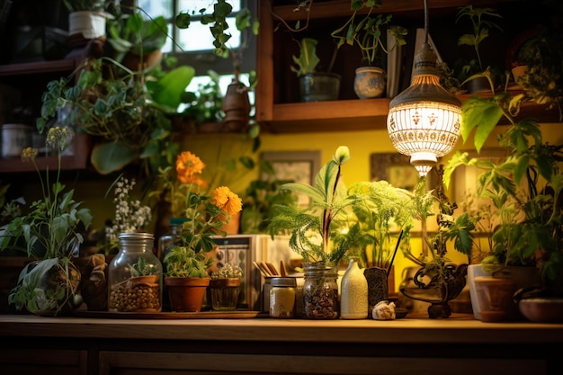 Wooden Counter Adorned Various Plants