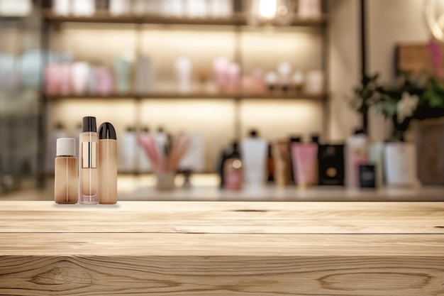 Wooden counter display of makeup products on blurred store background Three bottles of varying