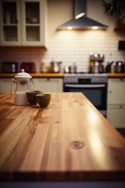 Wooden counter top in kitchen with tea pot and two bowls on it Generative AI