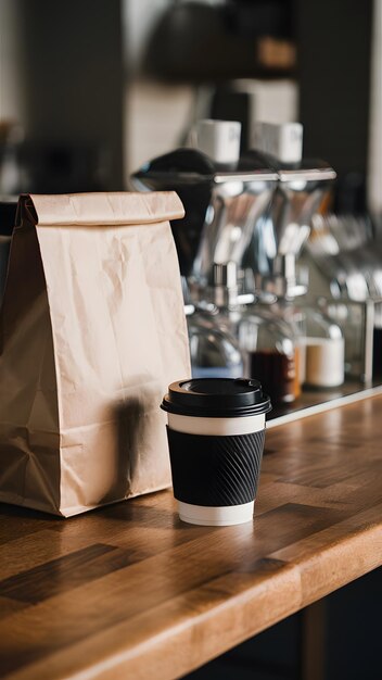 Photo wooden countertop in cozy cafe setting with coffee cup and bag