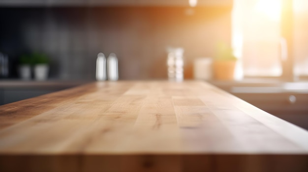 A wooden countertop in a kitchen with a bright sun shining on it.