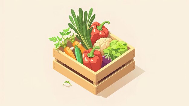 Photo wooden crate filled with fresh vegetables peppers carrots broccoli and greens