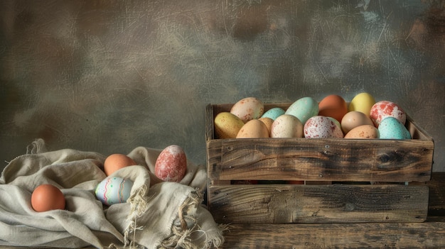 Wooden crate filled with freshly picked Easter eggs Composition of flowers and eggs