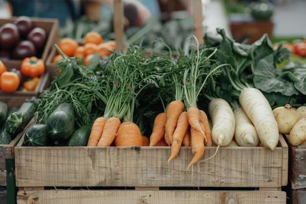 A wooden crate filled with lots of different types of vegetables