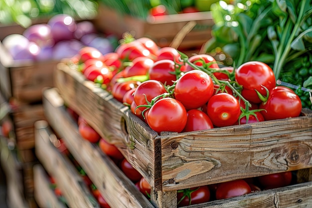 A wooden crate filled with lots of red tomatoes