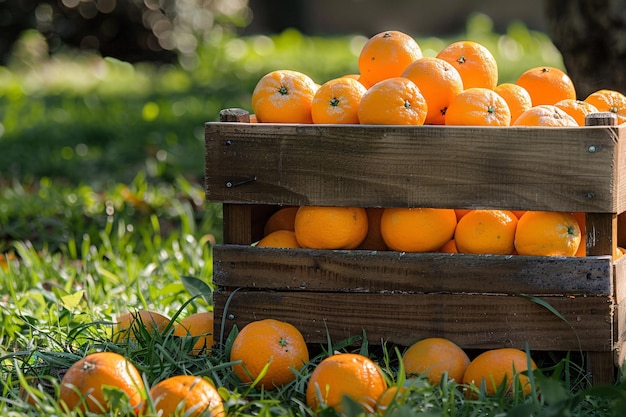 a wooden crate full of oranges