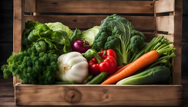 a wooden crate full of vegetables including radishes radishes radishes and tomatoes