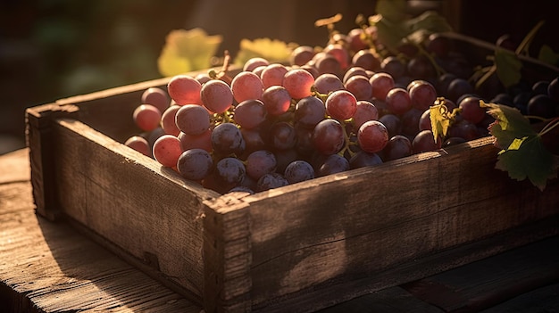 A wooden crate of grapes sits on a table in the sun