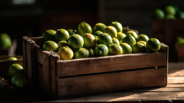 A wooden crate of oranges sits on a table.