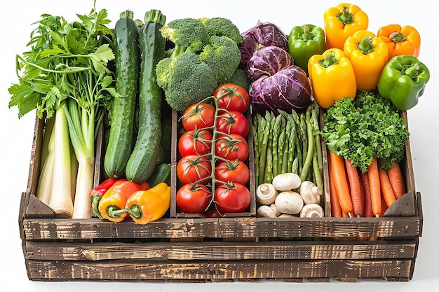 Wooden Crate Overflowing with Fresh Vibrant Vegetables on Clean White Background