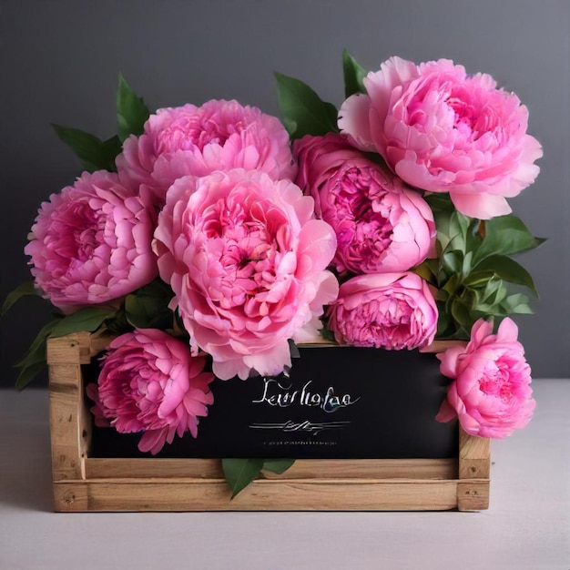 Photo a wooden crate of peonies with a black sign that says  love