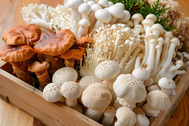 Wooden crate on a rustic wooden table is filled with a diverse selection of justpicked mushrooms