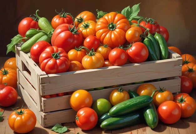 a wooden crate of tomatoes and cucumbers on a wooden table