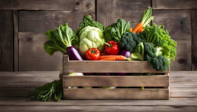 a wooden crate of vegetables including cabbage lettuce and carrots