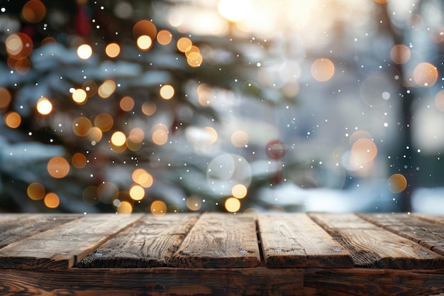 a wooden crate with a christmas tree in the background