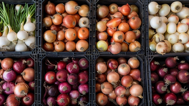 Wooden crates full of fresh onions just picked from the field and stored