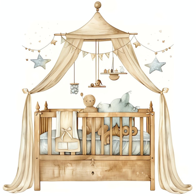 wooden crib with mobile carousel and toys for baby nursery watercolor illustration