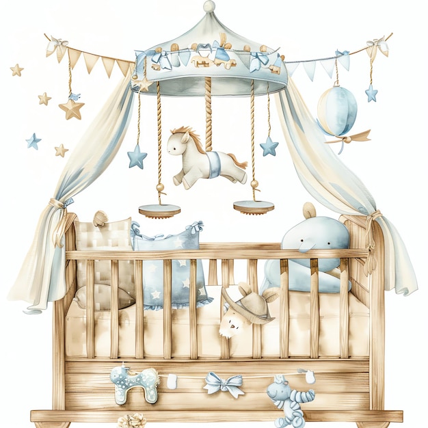 wooden crib with mobile carousel and toys for baby nursery watercolor illustration