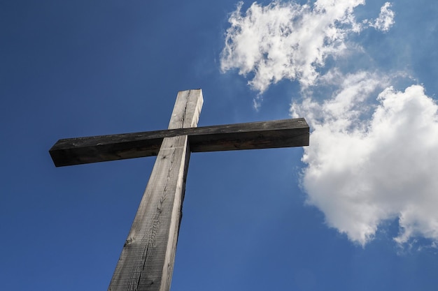 Wooden cross on blue sky background