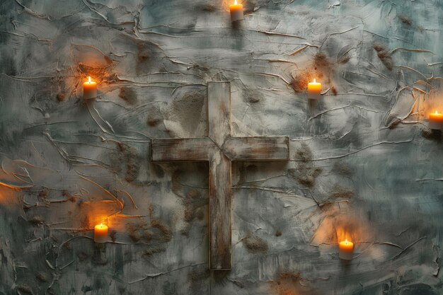 A wooden cross is lit up with candles surrounding it