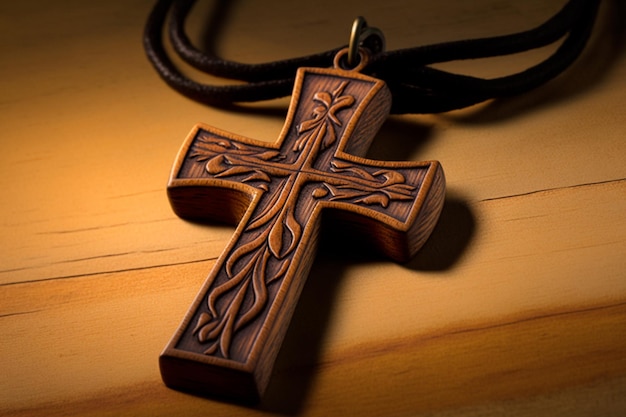 A wooden cross rests on the table a symbol of faith and contemplation Generative AI