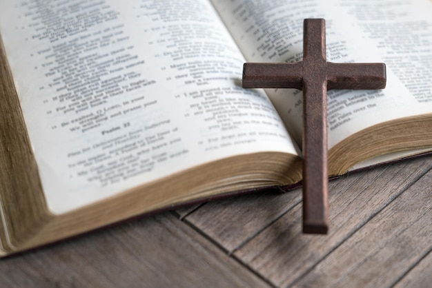 Wooden cross on top of an open bible