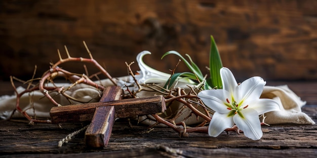 Wooden Cross and White Lily on Rustic Background