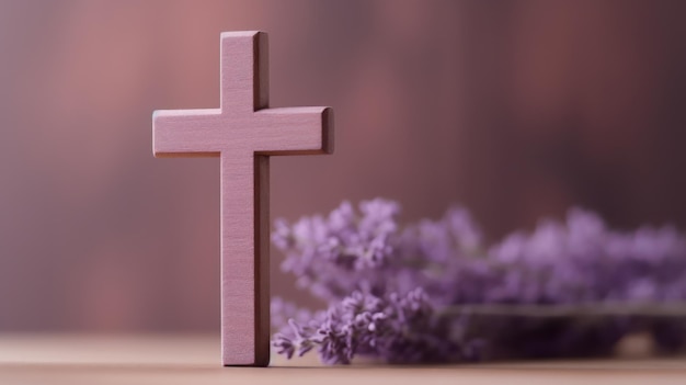 Wooden cross with lavender flowers