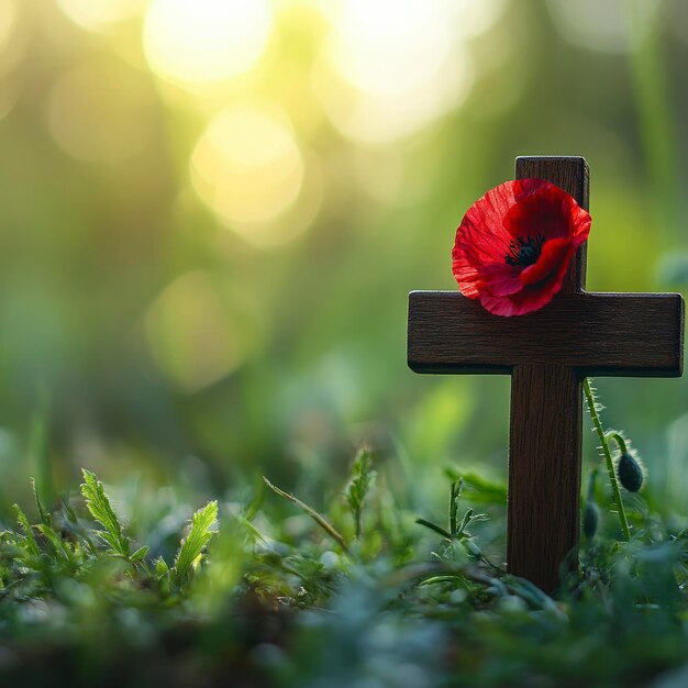 Photo wooden cross with red poppy flower in grassy field