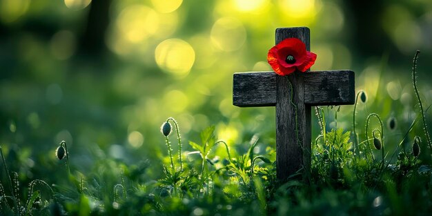 Photo wooden cross with red poppy flower in grassy field