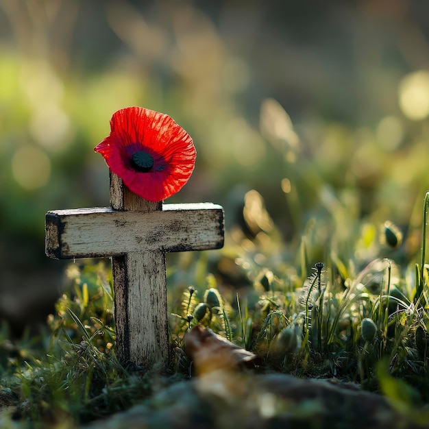 Photo wooden cross with red poppy flower in grassy field