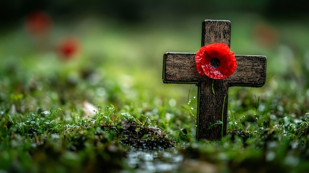 Photo wooden cross with red poppy flower in grassy field