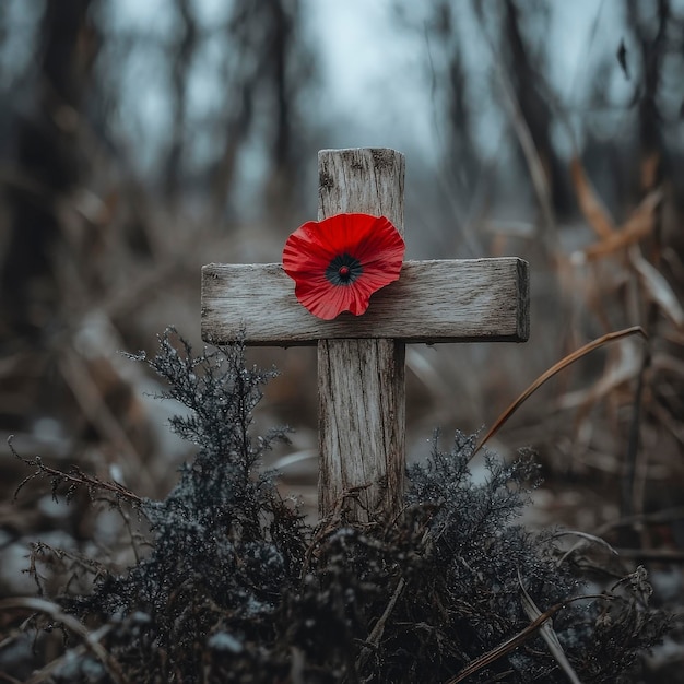 Photo wooden cross with red poppy flower in grassy field