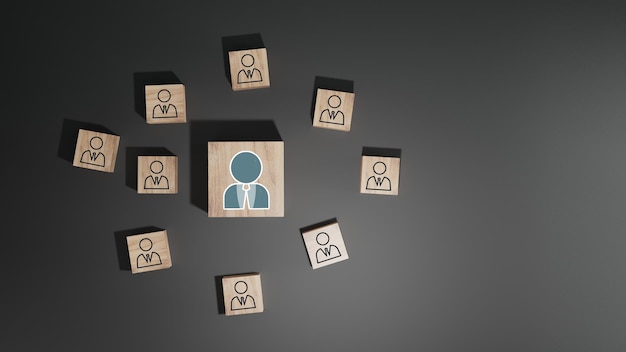 Photo wooden cube block print screen person icon which link connection network