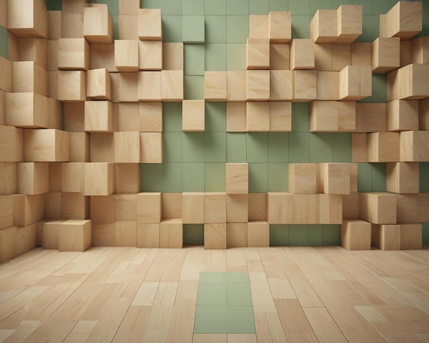 a wooden cube made of cubes sits on a wooden floor