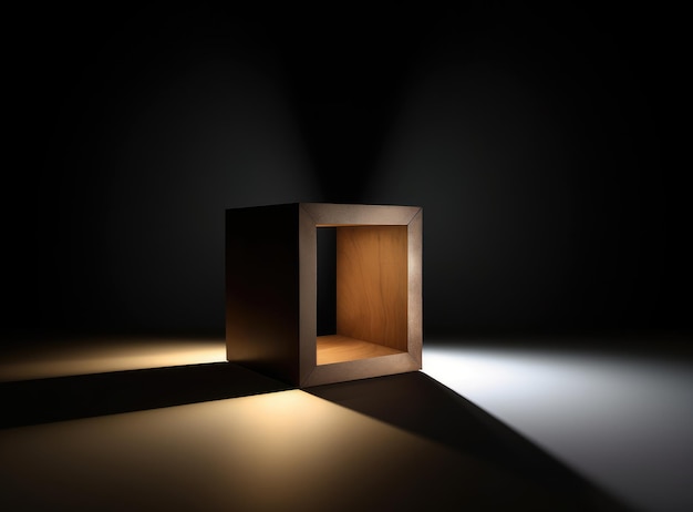 A wooden cube with a light on the bottom that is on a black background