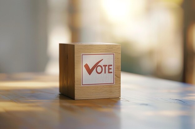 Photo wooden cube with vote checkmark on light background