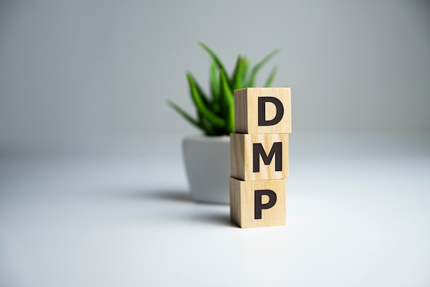 Wooden cubes alphabets building the word DMP