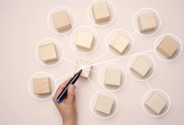 Wooden cubes are connected by lines on a beige background