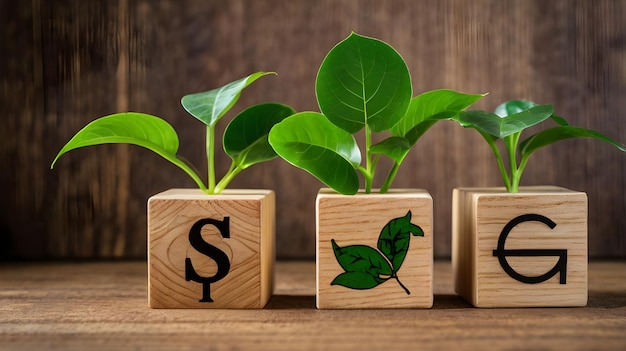 Photo wooden cubes with esg icons and green plant symbolizing sustainable investment and organizational