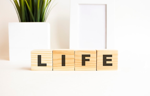 Photo wooden cubes with letters on a white table with empty frame and house plant.