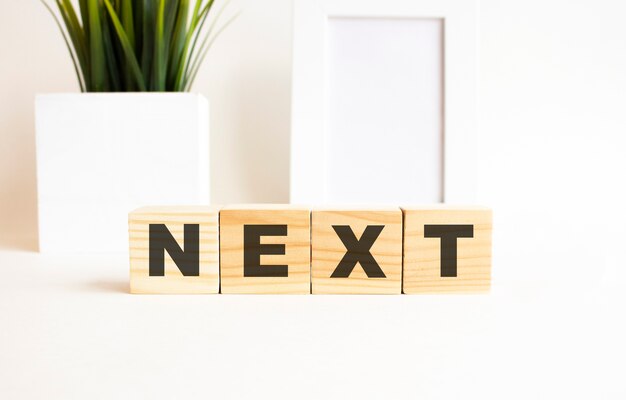 Wooden cubes with letters on a white table with empty frame and house plant.