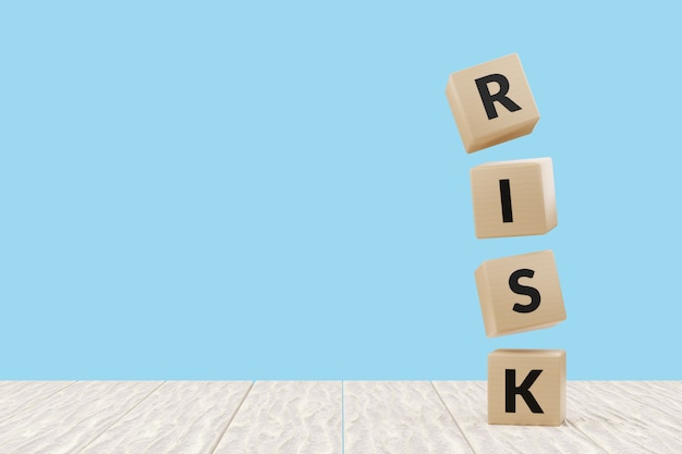 Wooden cubes with risk word. Risk management concept. 3D illustration rendering.