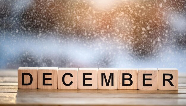 Wooden cubes with text DECEMBER on table blurred snowy weather on backdrop Winter season