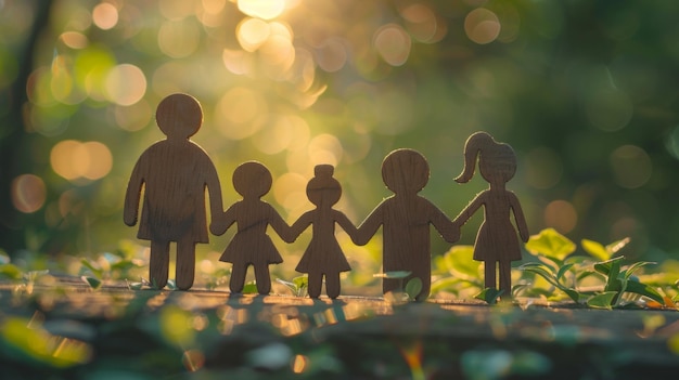 Wooden cutout family figures holding hands standing on grass with sunlight filtering through trees in the background