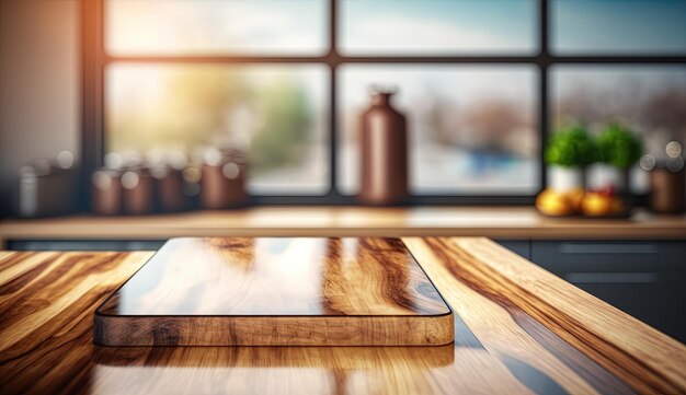 A wooden cutting board sitting on top of a kitchen counter generative AI